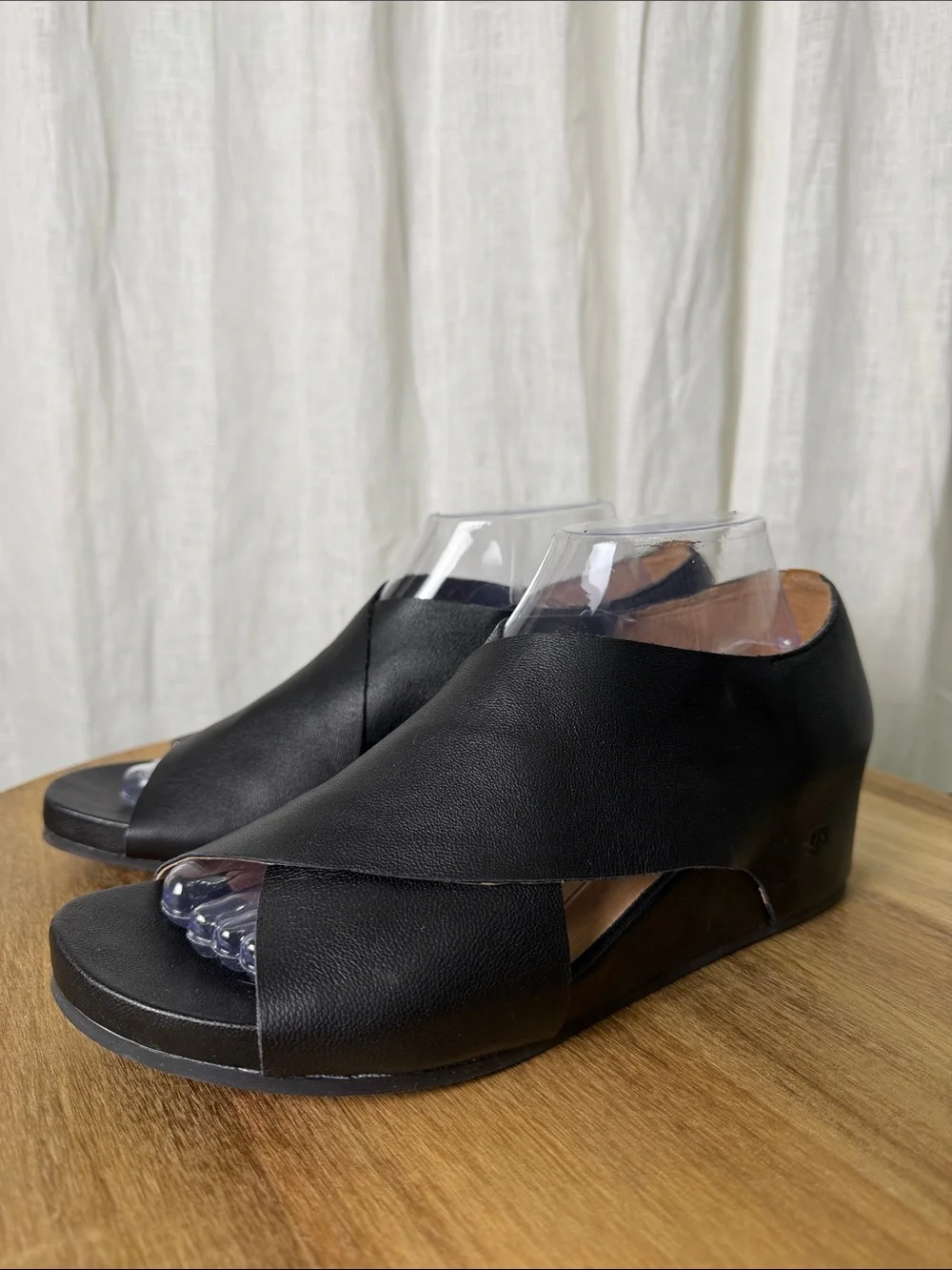 gentle souls Black Leather Open-Toe Wedge Sandals